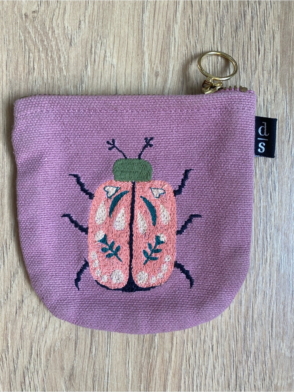 Pink Embroidered Beetle Cotton Coin Pouch